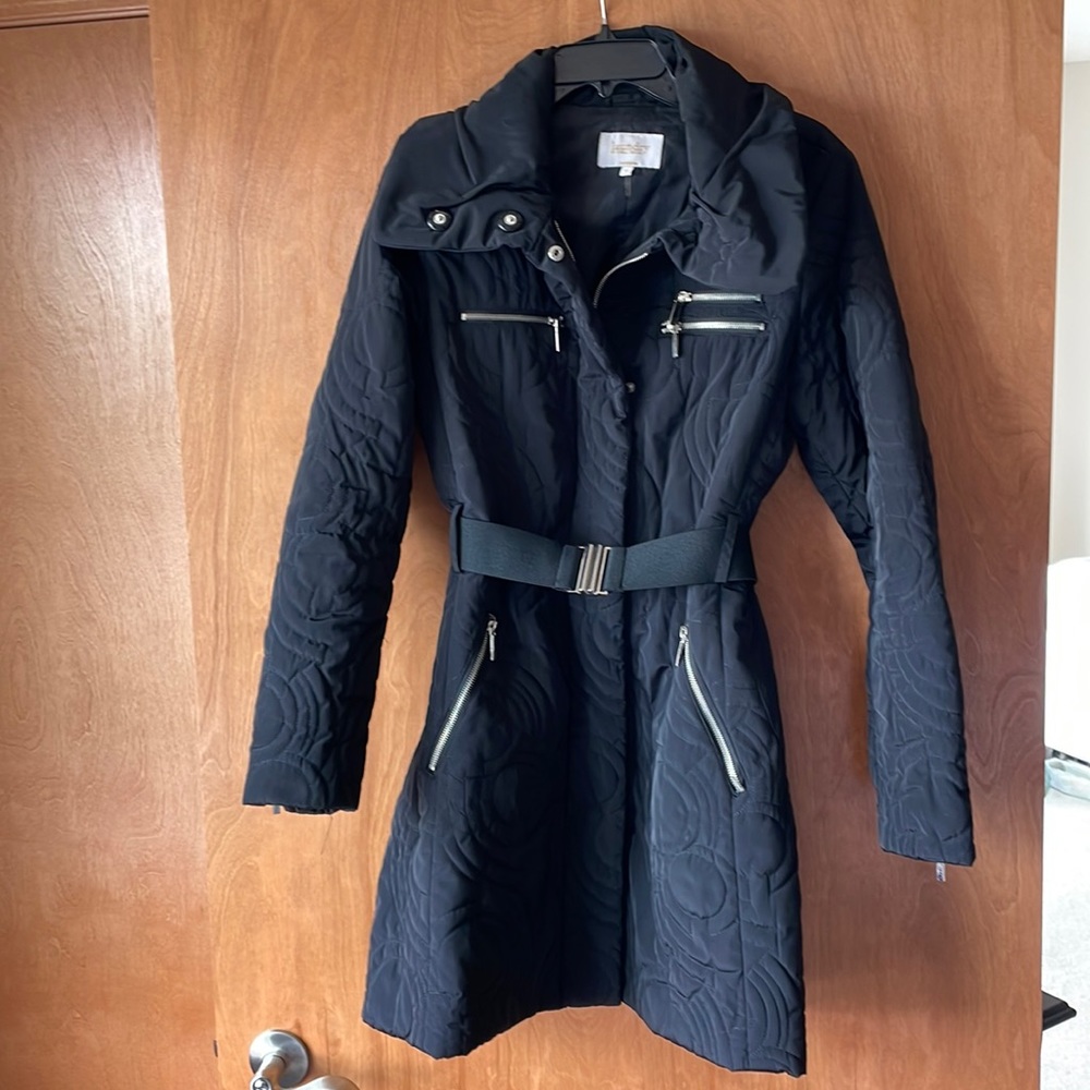 Laundry black quilted jacket/trench, knee length, silver zipper pocket accents